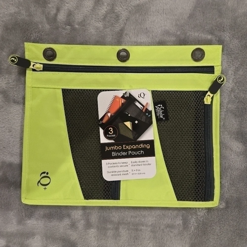 iScholar Jumbo Expandable Pencil Pouch, 3 Pockets, Neon Green
